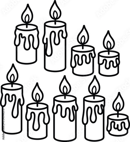Candle illustration line art with various sizes and melted wax