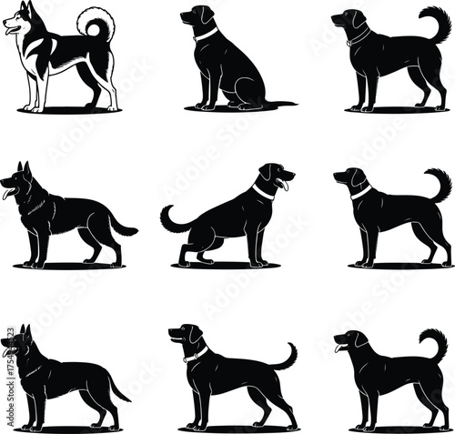 Collection of different dog breeds in black silhouette style art