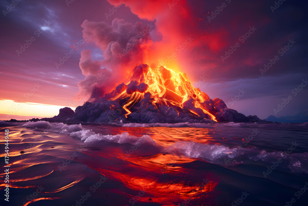 Naklejka premium Lava flows from an erupting volcano under a dramatic sunset sky on a remote island landscape