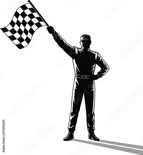 Racing Driver Waving Checkered Flag Celebrating Victory in Silhouette Style