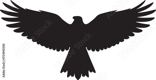 Silhouette of a bird of prey with outstretched wings and fanned tail feathers on a white background