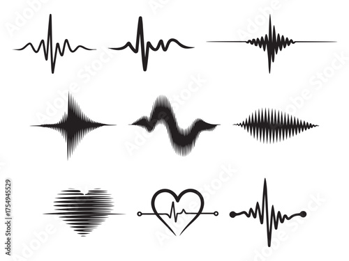 Heartbeat Sound Wave Vector Set | Abstract ECG Pulse and Audio Waveform Design
