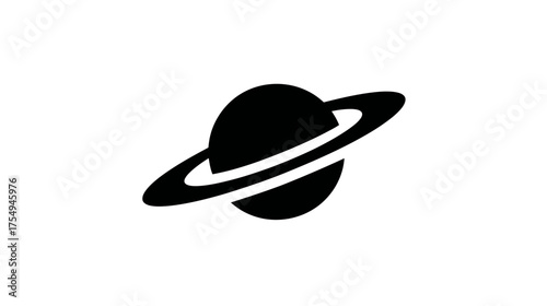 Isolated graphic rendering of a planet with rings in a solid black fill