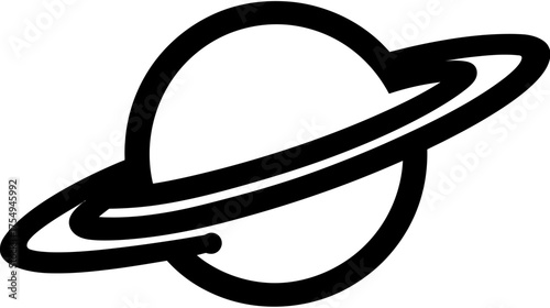 Black and white outline drawing of a simple planet with a ring around it
