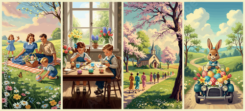 Vintage Easter Poster Collection with Family Picnic, Church, Egg Painting, and Bunny Car
