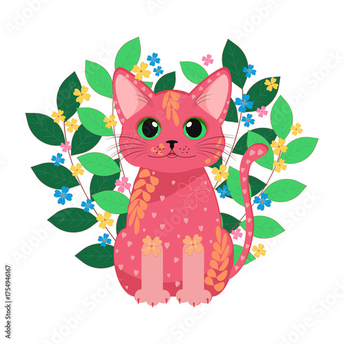 A cute happy pink cat on a white background, framed by flowers and various plants. 