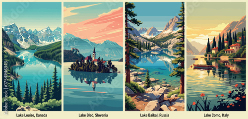 World Lake Poster Set Featuring Louise, Bled, Baikal, and Como Landscapes