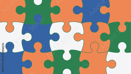 An arrangement of colorful puzzle pieces in shades of orange green blue and white filling the entire frame