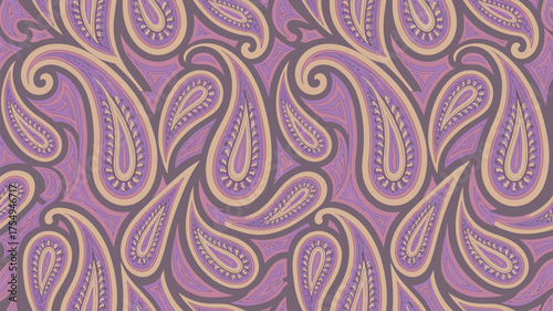 Seamless pattern featuring purple and beige paisley shapes arranged in a repeating design layout