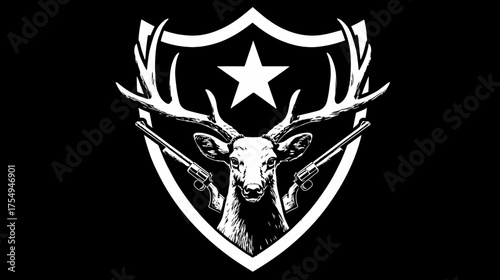 White deer head with star shield, antlers and two rifles, on a stark black background