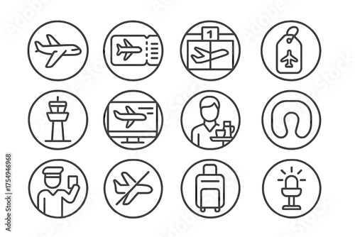 Air Travel Icons. Line style round icons of air travel: airplane icon, boarding pass, airport gate, luggage tag; control tower,