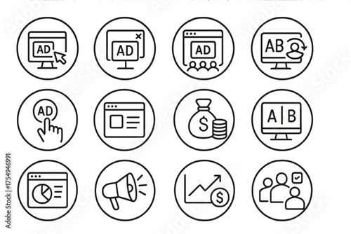 Digital Advertising Icons. Line style round icons of digital advertising: display ad, pop-up banner, ad impressions, retargeting