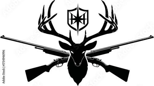 Stark black/white drawing deer head, rifles crossed, shield w/ star-like symbol above