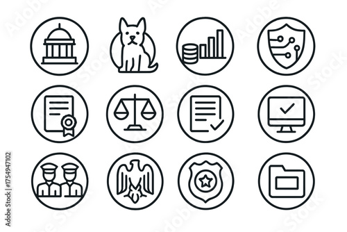 Regulatory Icons Collection. Line style round icons of regulatory bodies: government seal, watchdog icon, financial regulator,