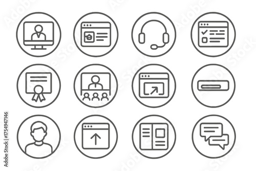 Online Learning Icons. Line style round icons of online learning: video lecture, learning platform, headset icon, online quiz;