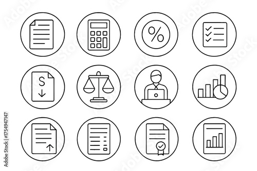 Tax Icon Collection. Line style round icons of tax and accounting: tax form, calculator icon, tax percentage, audit checklist;