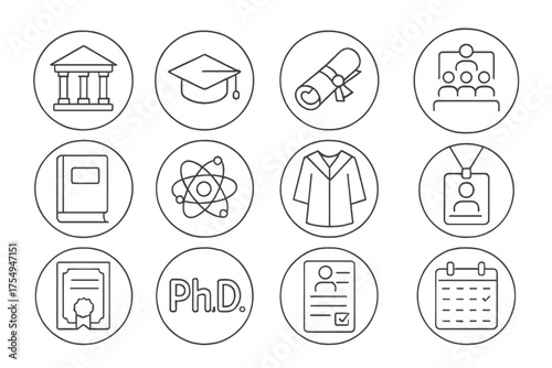 Higher Education Icons. Line style round icons of higher education: university building, graduation cap, diploma scroll, lecture