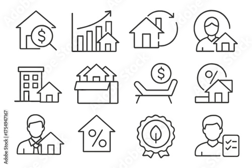 Property Investment Icons. Line style round icons of property investment: rental income, ROI chart, cash flow icon, investment