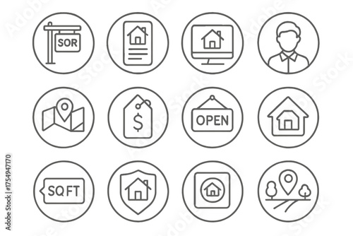 Real Estate Icons. Line style round icons of property listings: for sale sign, property flyer, listing website, home photo; real