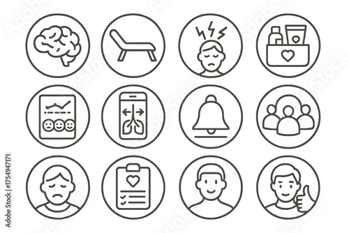 Mental Health Icons. Line style round icons of mental health and wellness: brain icon, therapy couch, stress icon, self-care kit;