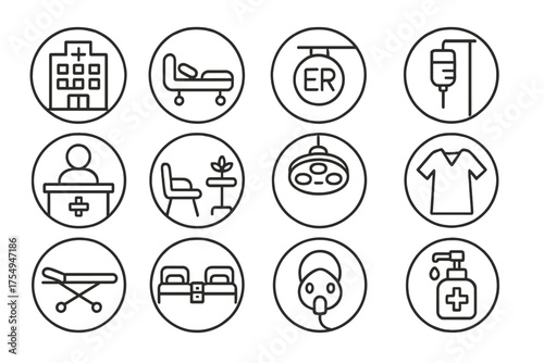 Hospital Environment Icons. Line style round icons of hospital environment: hospital building, patient bed, ER sign, IV stand;