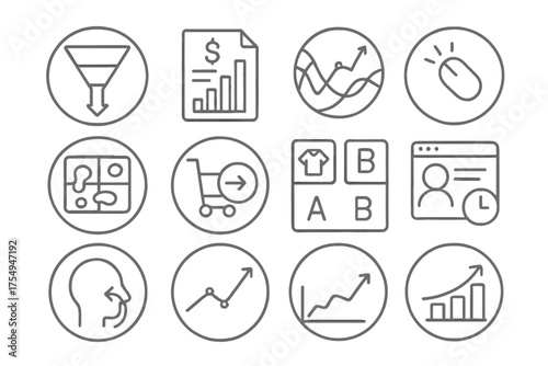 E-commerce Analytics Icons. Line style round icons of e-commerce analytics: conversion funnel, sales report, traffic chart,