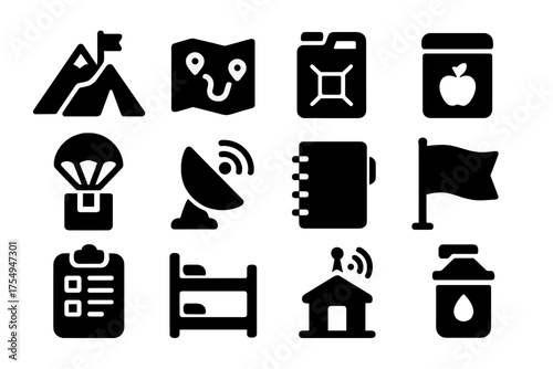 Expedition Logistics Icons. Solid style icons of Expedition logistics: base camp, route map, fuel canister, food ration, supply