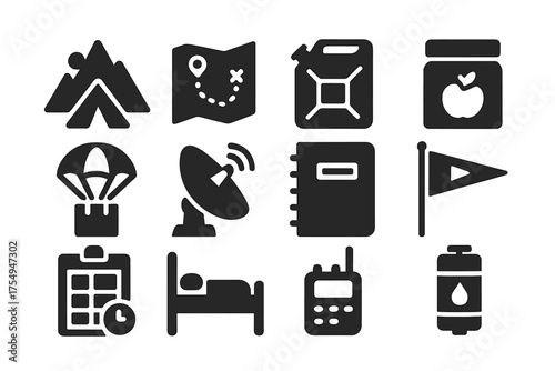 Expedition Logistics Icons. Solid style icons of Expedition logistics: base camp, route map, fuel canister, food ration, supply