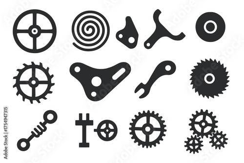 Clock Mechanism Icons. Solid style icons of Clock mechanism parts: balance wheel, hairspring, pallet fork, jewel bearing, anchor