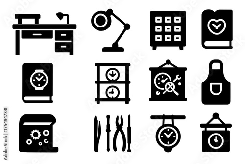 Horology Workshop Icons. Solid style icons of Horology workshop environment: workbench, magnifying lamp, parts drawer, timepiece