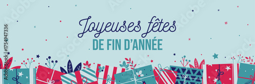 Bannière de Noël festive avec texte “Joyeuses fêtes de fin d’année” – Cadeaux colorés, flocons, étoiles et cotillons