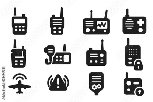 Radio Communication Icons. Solid style icons of Radio communication types: ham radio, walkie talkie, shortwave device, emergency