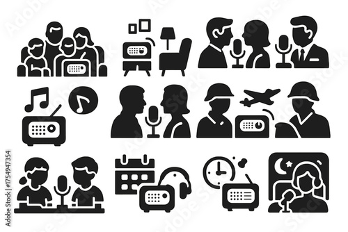 Retro Radio Icons. Solid style icons of Mid-century radio lifestyle: family listening, vintage living room, news broadcast, music