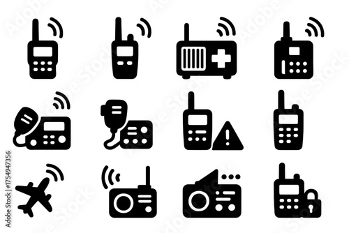 Radio Communication Icons. Solid style icons of Radio communication types: ham radio, walkie talkie, shortwave device, emergency