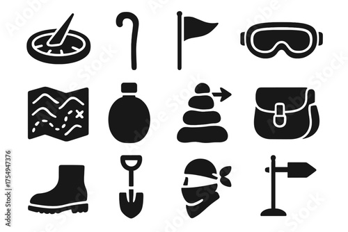 Desert Travel Icons. Solid style icons of Desert travel tools: sundial, walking stick, direction flag, sand goggles, desert map,