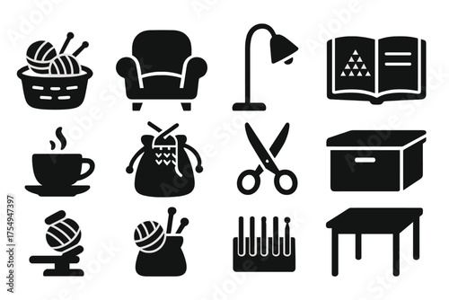 Knitting Workspace Icons. Solid style icons of Knitting workspace setup: yarn basket, comfy chair, knitting light, pattern book,