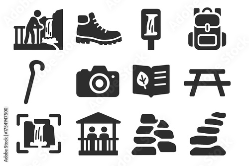 Waterfall Hiking Icons. Solid style icons of Waterfall hiking and viewing: lookout point, safety rail, hiking boot, waterfall