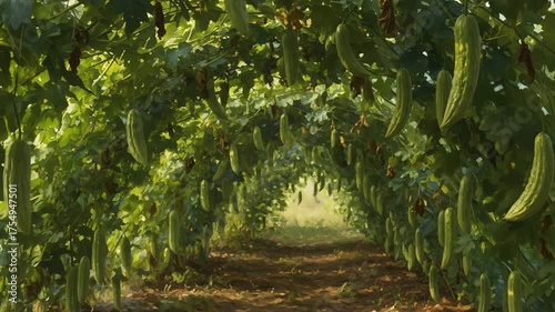 Lush green bitter gourd vine tunnel pathway with hanging vegetables and dappled sunlight karela