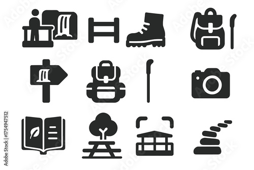Waterfall Hiking Icons. Solid style icons of Waterfall hiking and viewing: lookout point, safety rail, hiking boot, waterfall