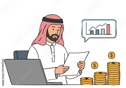 A Middle Eastern businessman studies financial charts on a laptop, surrounded by coins. He?s focused and professional, conveying investment opportunity. Modern, clean style.
