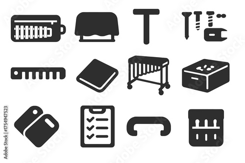 Xylophone Maintenance Essentials. Solid style icons of Xylophone storage and maintenance: padded bag, dust cover, tuning tool,