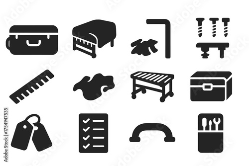 Xylophone Maintenance Essentials. Solid style icons of Xylophone storage and maintenance: padded bag, dust cover, tuning tool,