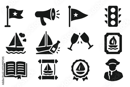 Yacht Club Icons. Solid style icons of Yacht club traditions and signals: flag raising, horn signal, club burgee, signal lights,