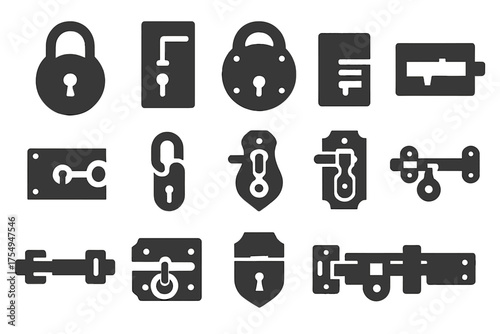 Historic Lock Icons. Solid style icons of Historic locks and mechanisms: padlock, lever lock, warded lock, tumbler lock, bolt lock