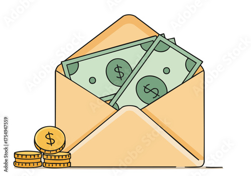 An open envelope filled with cash sits alongside coins. A playful illustration promoting savings and financial security. Clean, modern design.