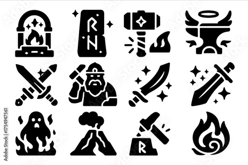 Mythical Blacksmith Icons. Solid style icons of Fantasy and mythological blacksmith themes: enchanted forge, glowing runes, mythic
