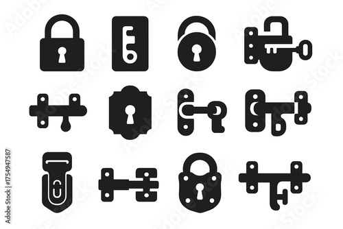 Historic Lock Icons. Solid style icons of Historic locks and mechanisms: padlock, lever lock, warded lock, tumbler lock, bolt lock