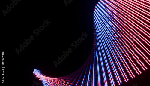Futuristic abstract light installation with vibrant red and blue neon lines creating dynamic spiral pattern against dark background