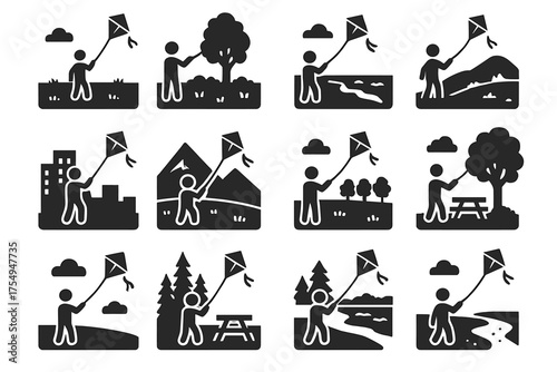 Kite Flying Icons. Solid style icons of Kite flying locations and scenery: open field, grassy park, beach shore, hilltop, urban