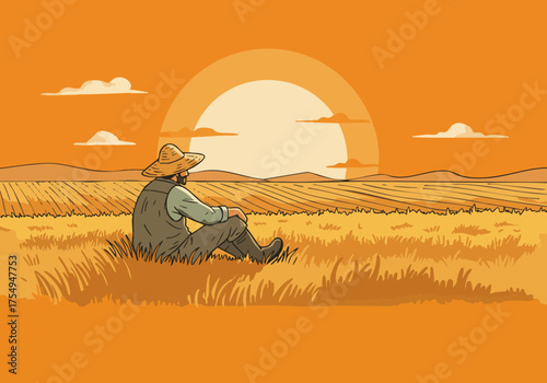 A serene farmer rests in a golden field at sunset. A peaceful, rural scene evokes tranquility and quiet contemplation. Ideal for lifestyle and nature imagery.